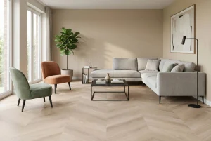 Floer Hongaarse Punt PVC vloer Onbehandeld Eiken in een woonkamer met interieur