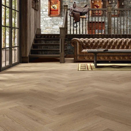 Floer Hybrid Laminat Fischgrät boden Graubeige Eiche stimmungsbild