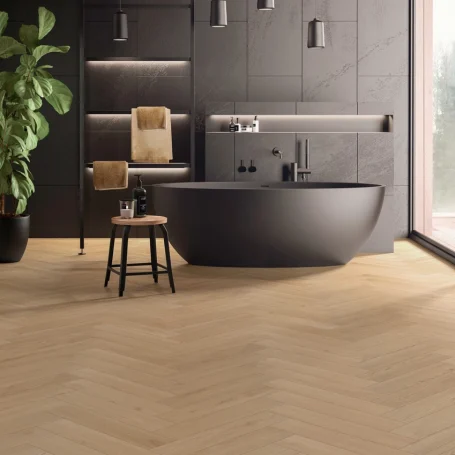 Floer Hybrid Laminat Fischgrät boden Sandgrau Eiche stimmungsbild