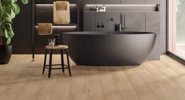 Floer Hybrid Laminat Fischgrät boden Zamora Sandgrau Eiche stimmungsbild